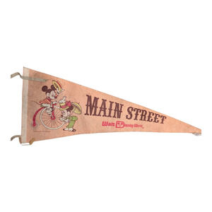 Walt Disney World Vtg Main Street Mickey & Minne Mouse on Bike Felt Pennant Flag